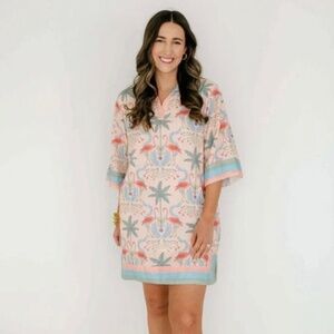 Marigold By Victoria Dunn Zara French Linen Dress Palm Trees Flamingo Size XL
